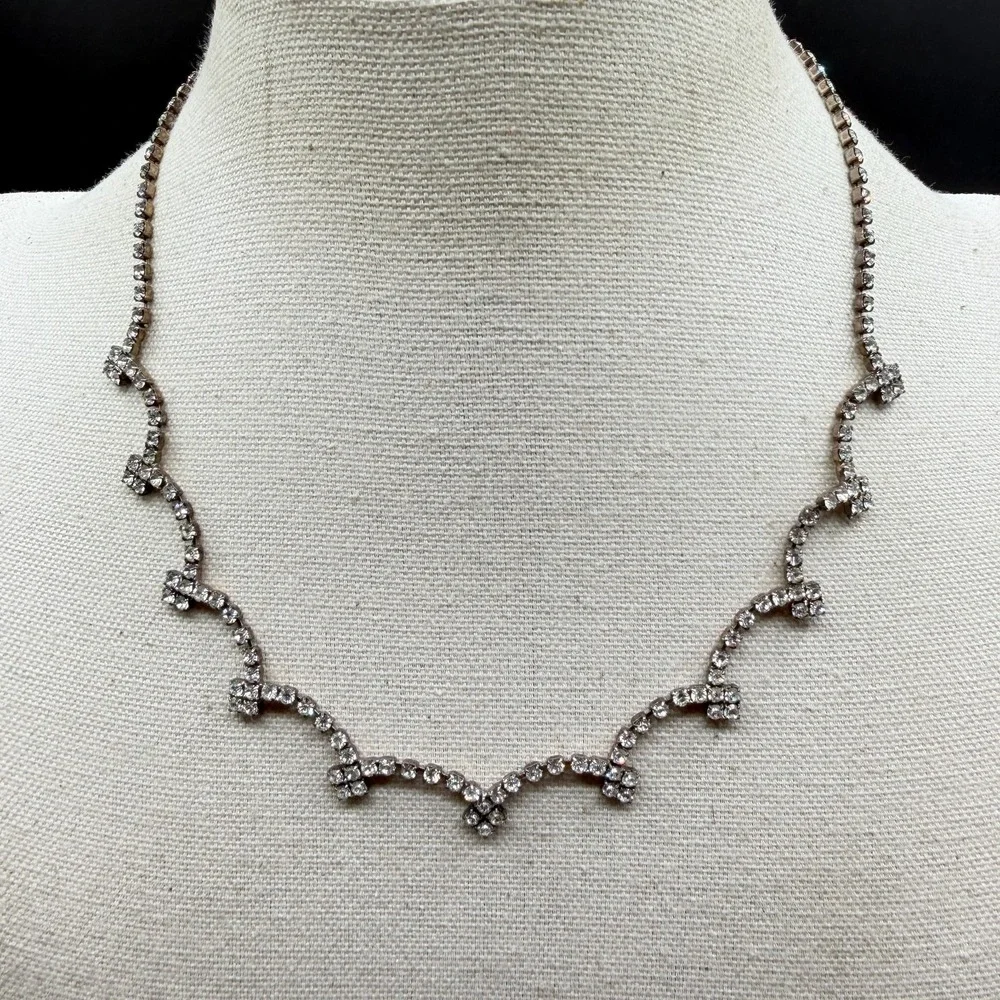 Clear Rhinestone Scalloped Choker Necklace Silver Tone Bridal Wedding Statement